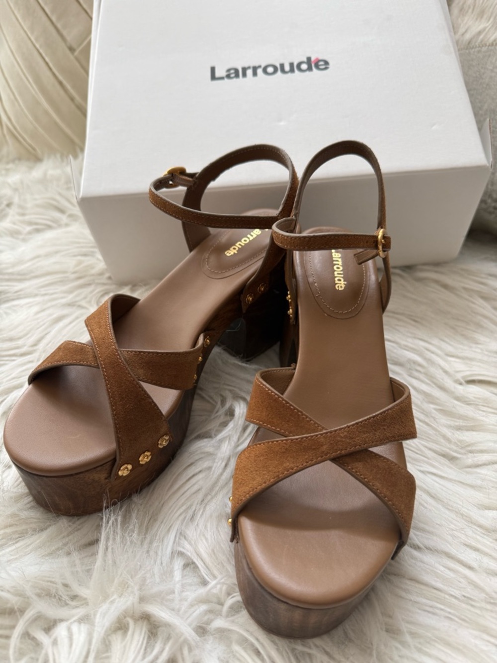 Larroude Talitha Russet Suede Platform Sandals with Gold Studs - Picture 5 of 12